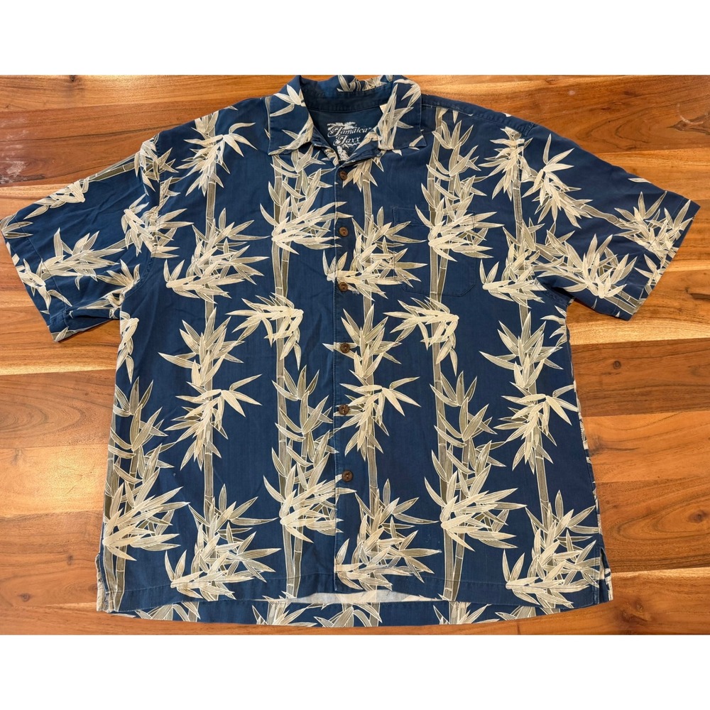 Jamaica Jaxx Mens XXL Blue 100% Silk Bamboo Print Herringbone Camp Shirt